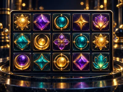 Premium 3D rendered grid of abstract slot game tiles in gold, purple and teal on a dark navy background with cinematic lighti