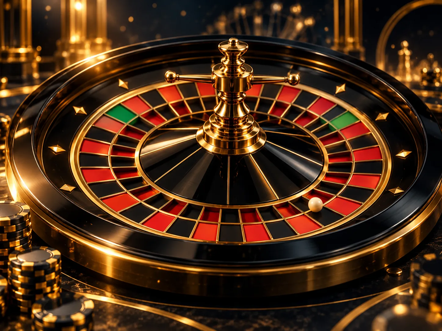 Dramatic 3D render of an American roulette wheel with double-zero pocket, gleaming gold and black finish on dark navy-charcoa