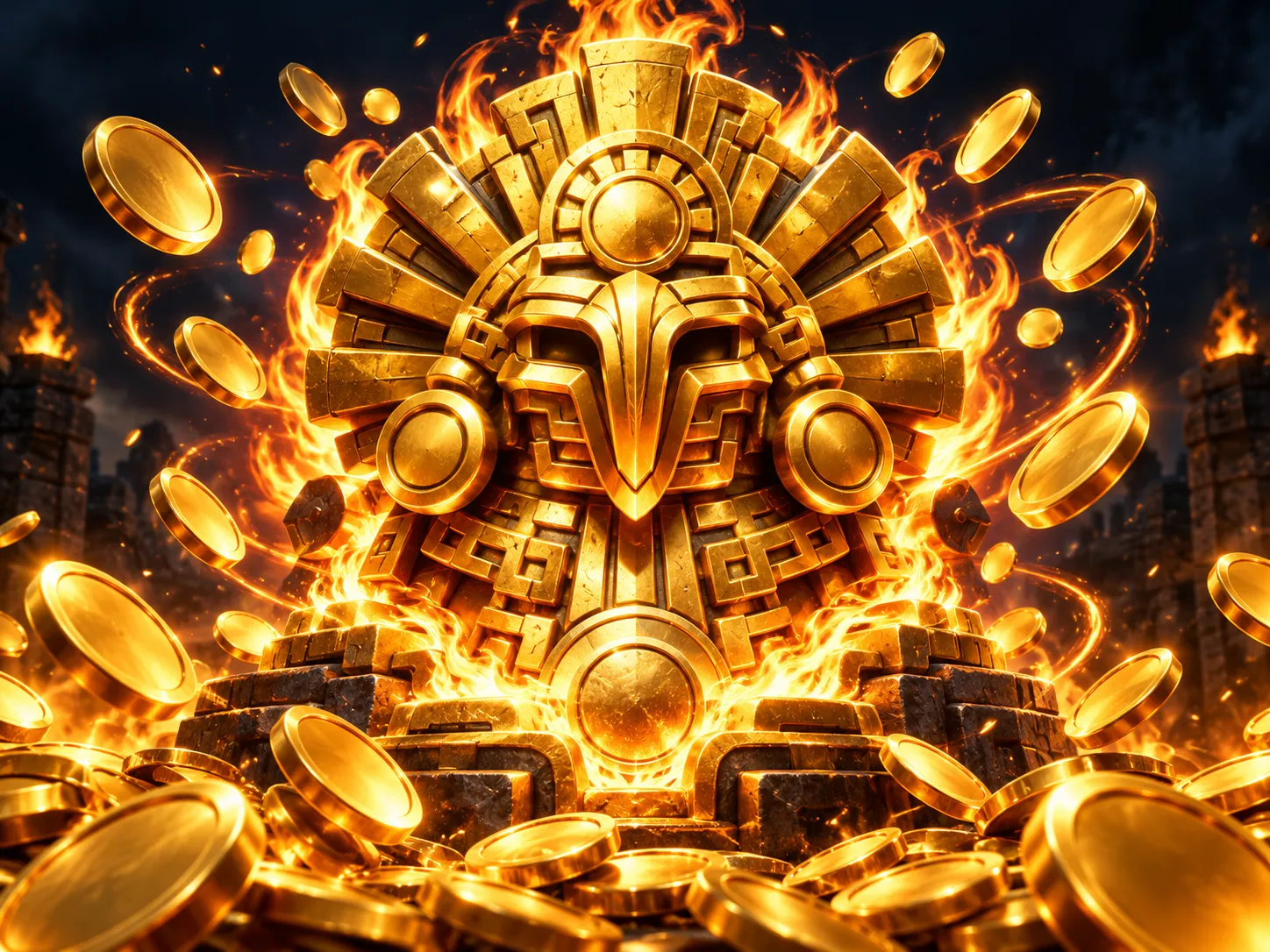 Dramatic 3D Aztec golden idol surrounded by blazing flames and cascading jackpot coins on dark navy-charcoal background