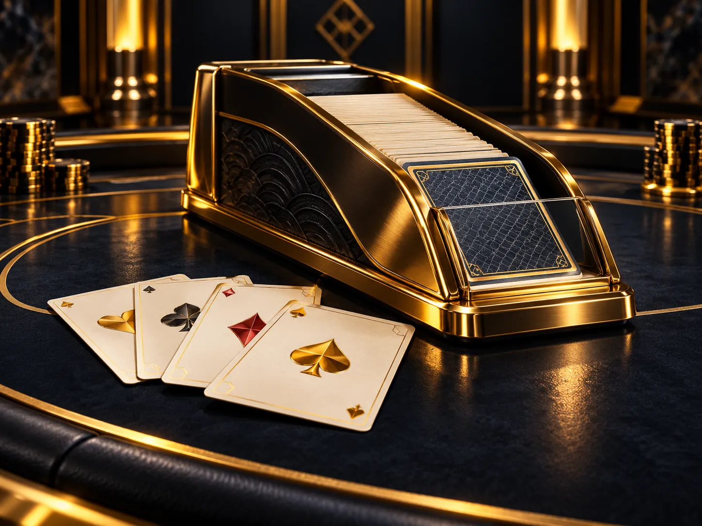 Glossy 3D baccarat card shoe and fanned playing cards on dark navy-charcoal table with dramatic warm gold accent lighting