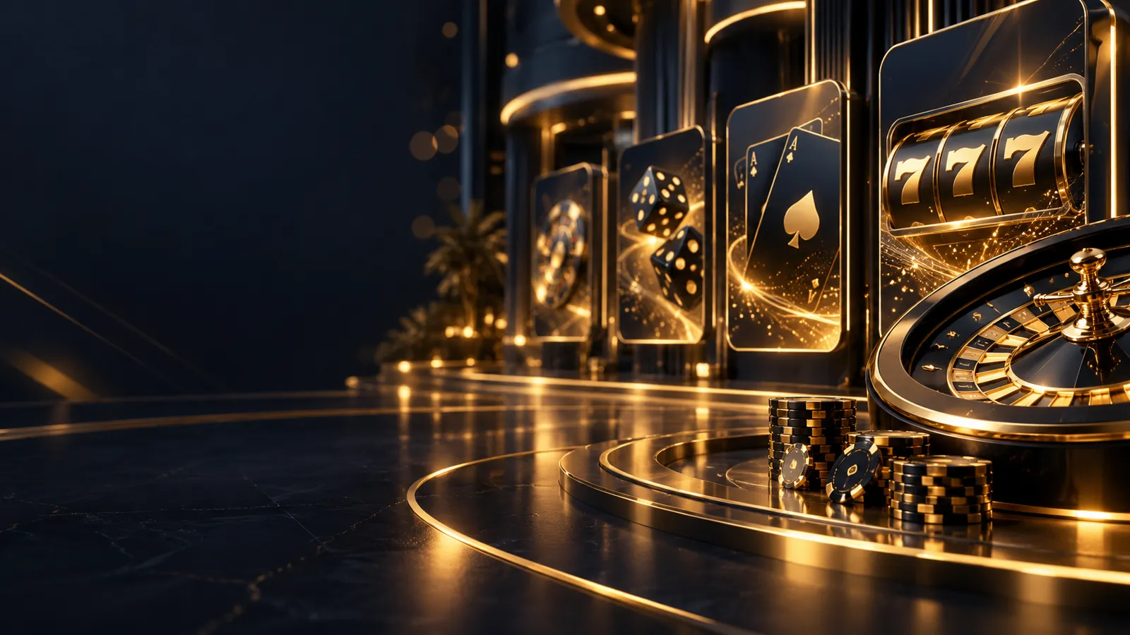 Dark navy casino lobby hero banner with glowing gold and deep navy abstract game tiles, soft golden bokeh and geometric light