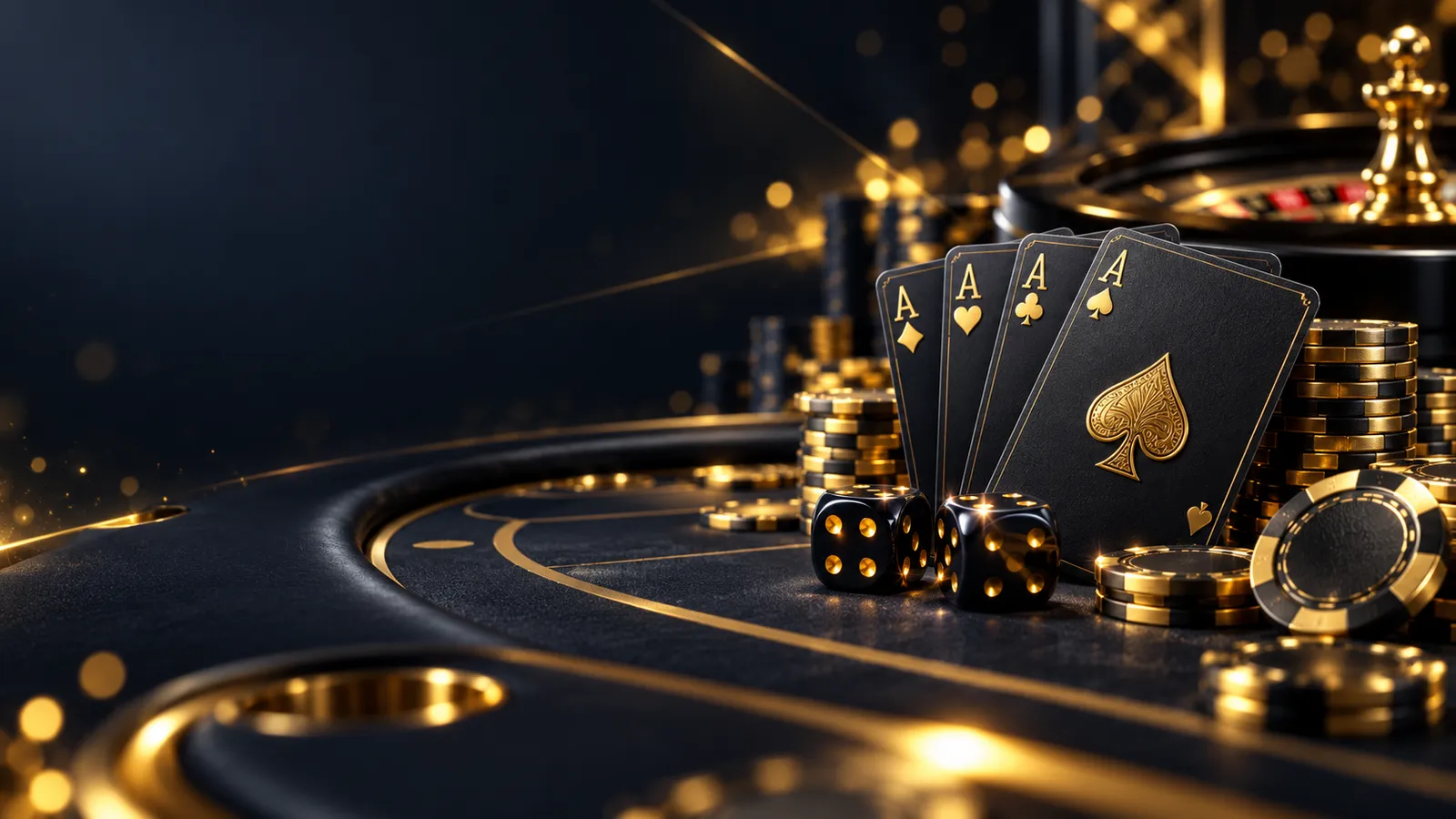 Cinematic dark navy casino table with gold chips, playing cards and dice on elegant premium background