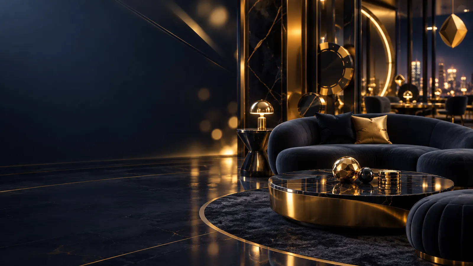 Dark navy casino lounge hero banner with warm gold accent lighting, bokeh, and geometric light streaks on deep charcoal backg