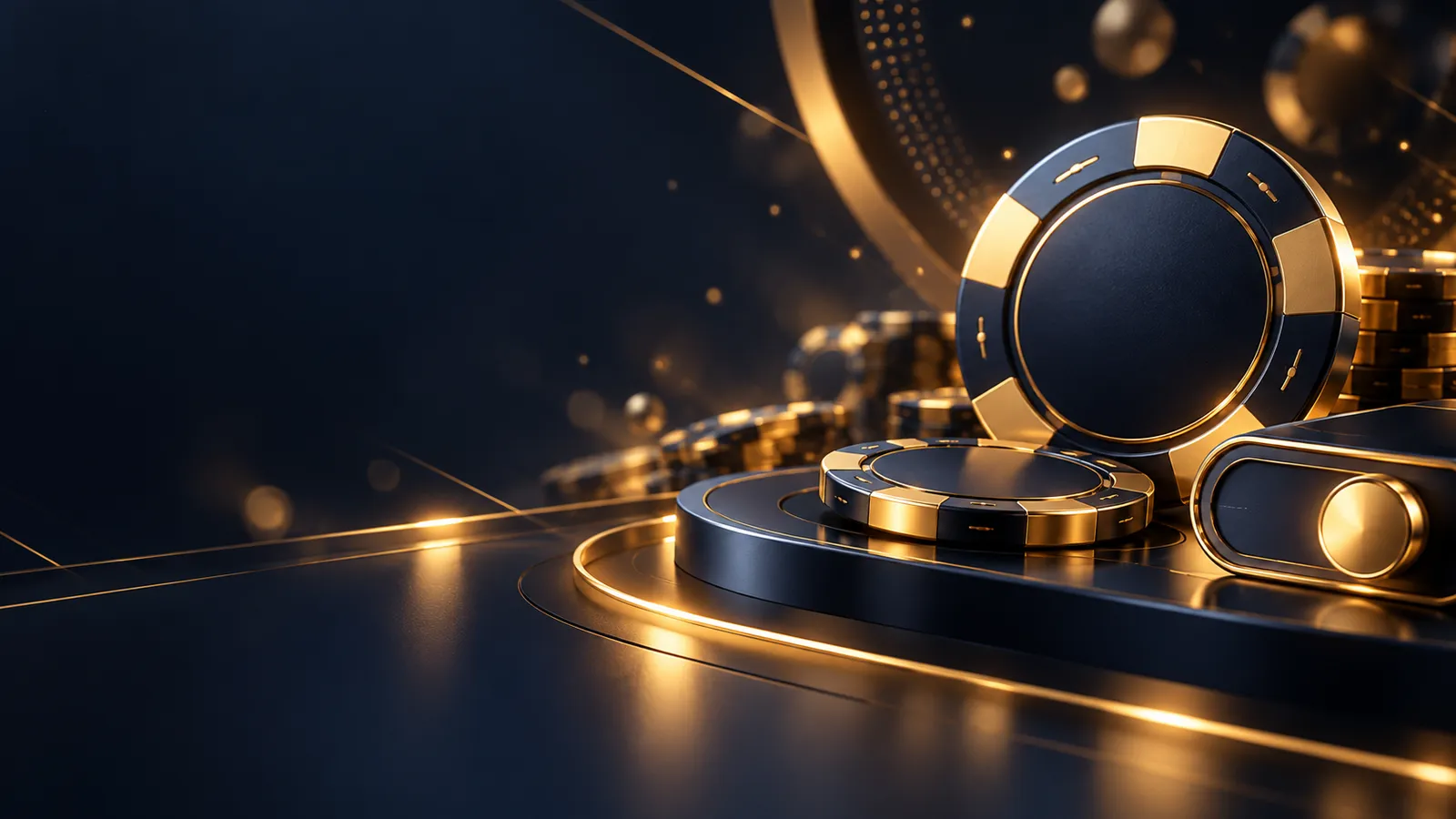 Dark navy cinematic casino hero banner with glowing gold cookie-shaped circles and toggle icons on abstract screen with golde