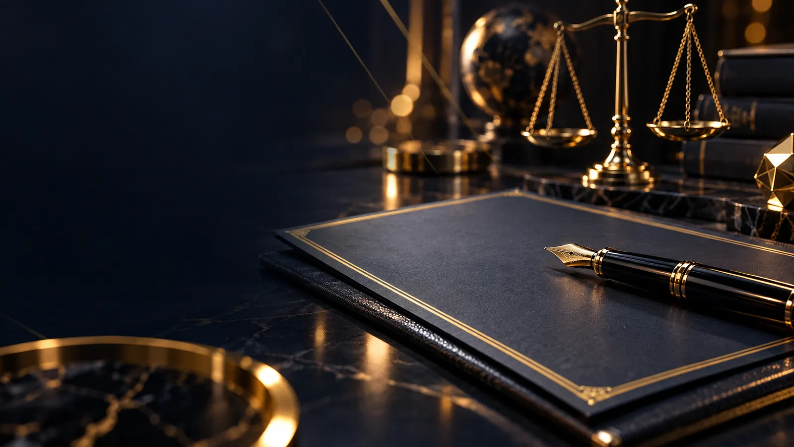 Dark navy casino hero banner with gold-trimmed document and fountain pen on premium desk with bokeh accents