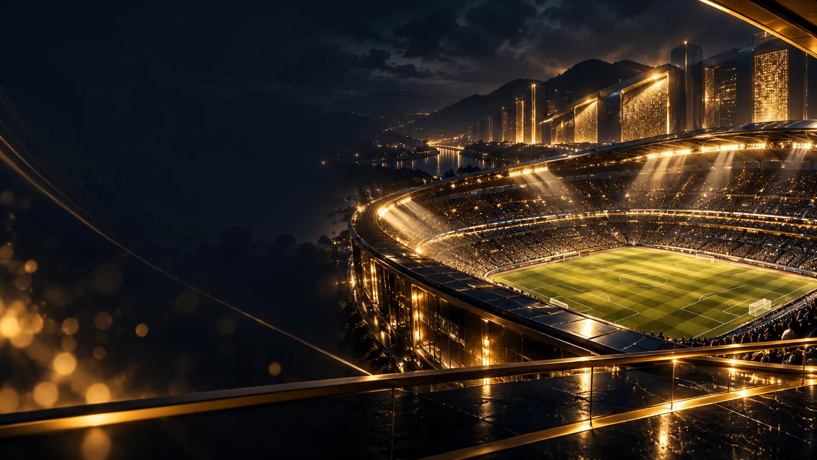 Cinematic dark navy casino hero banner with a dramatic night stadium, glowing gold floodlights, and abstract odds board bokeh