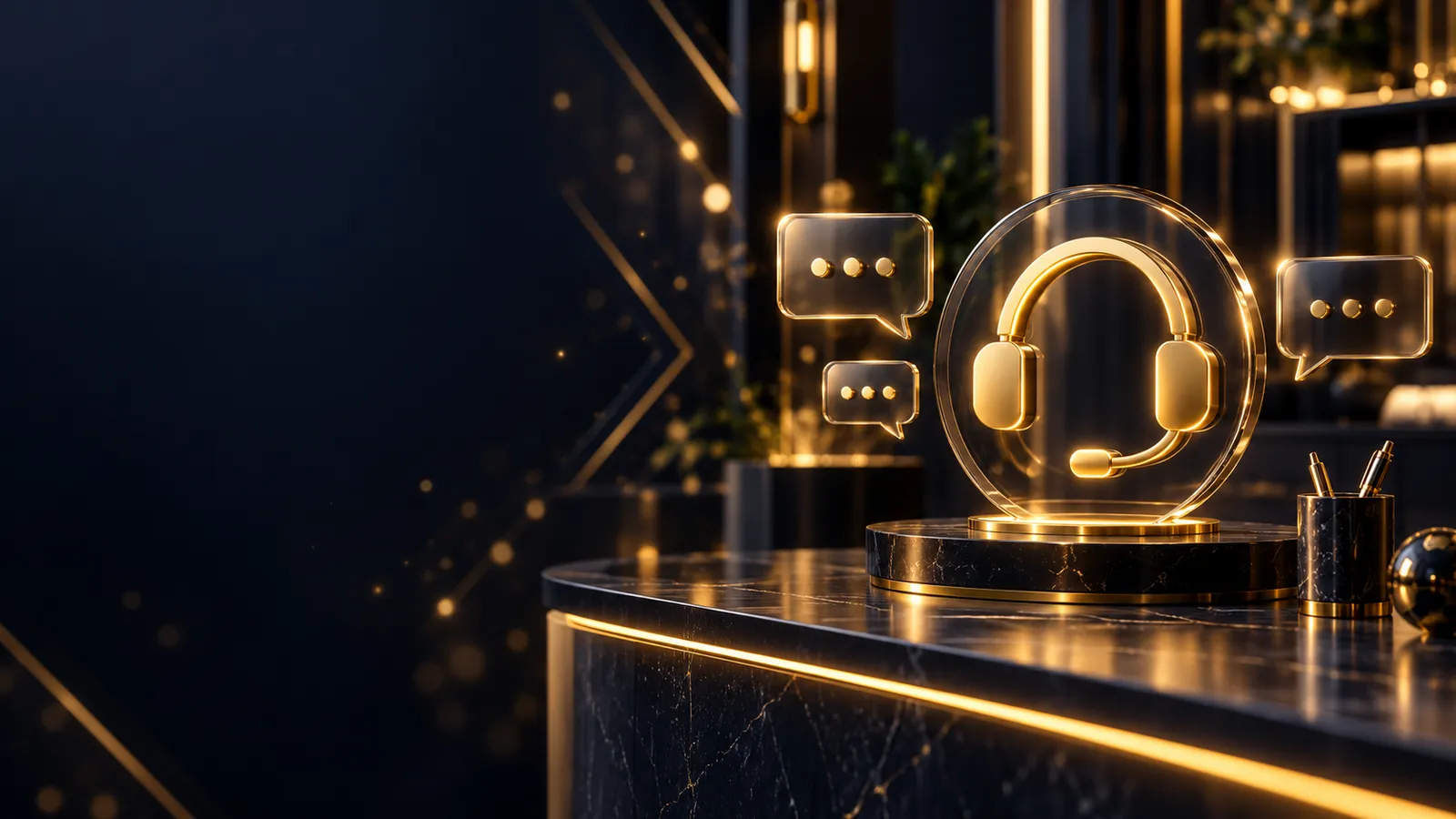 Dark navy online casino support desk scene with glowing gold headset icon and chat bubbles, soft golden bokeh and geometric l