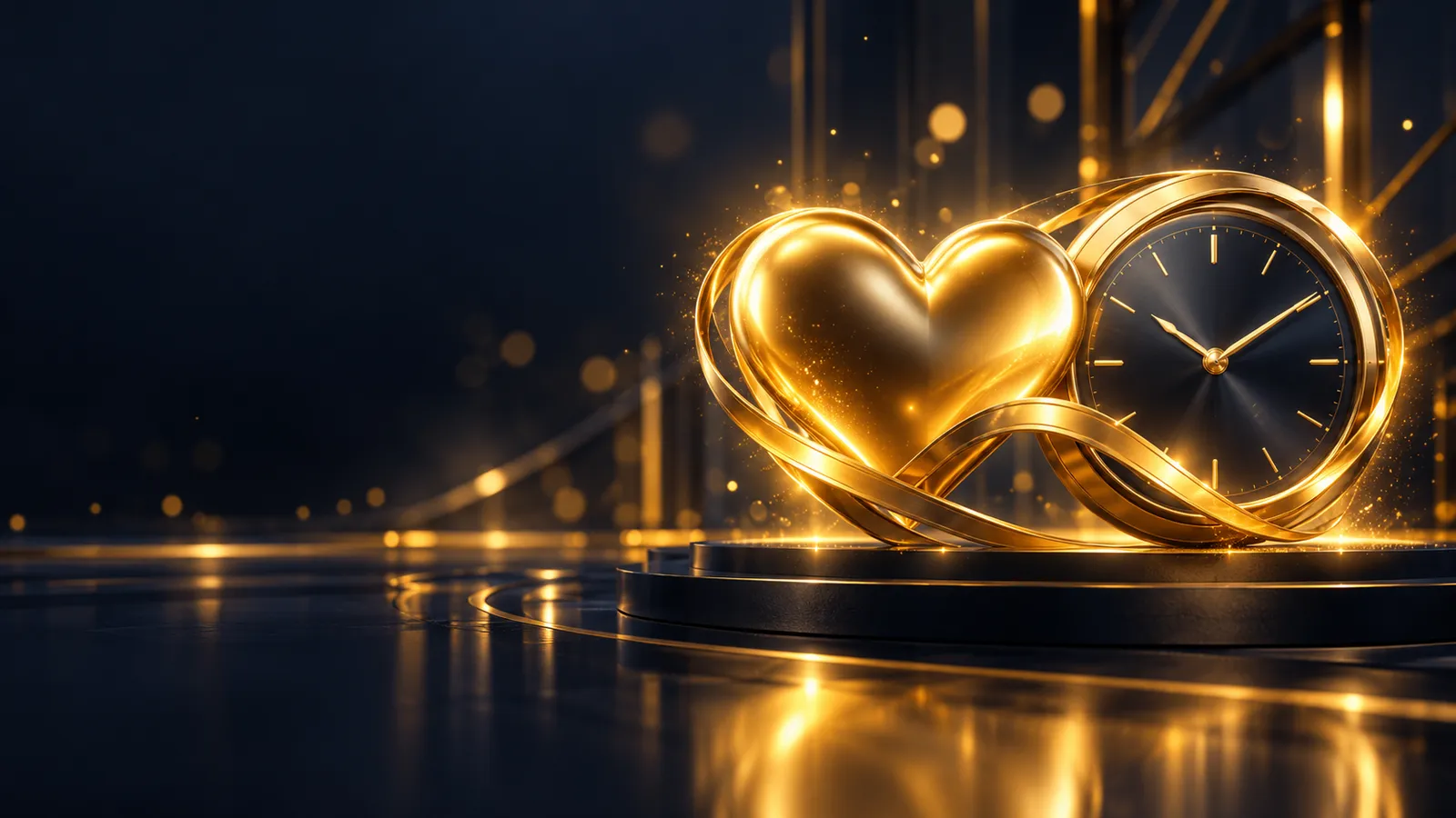 Dark navy cinematic casino hero banner with glowing gold heart and clock icon, soft golden bokeh and geometric light streaks 