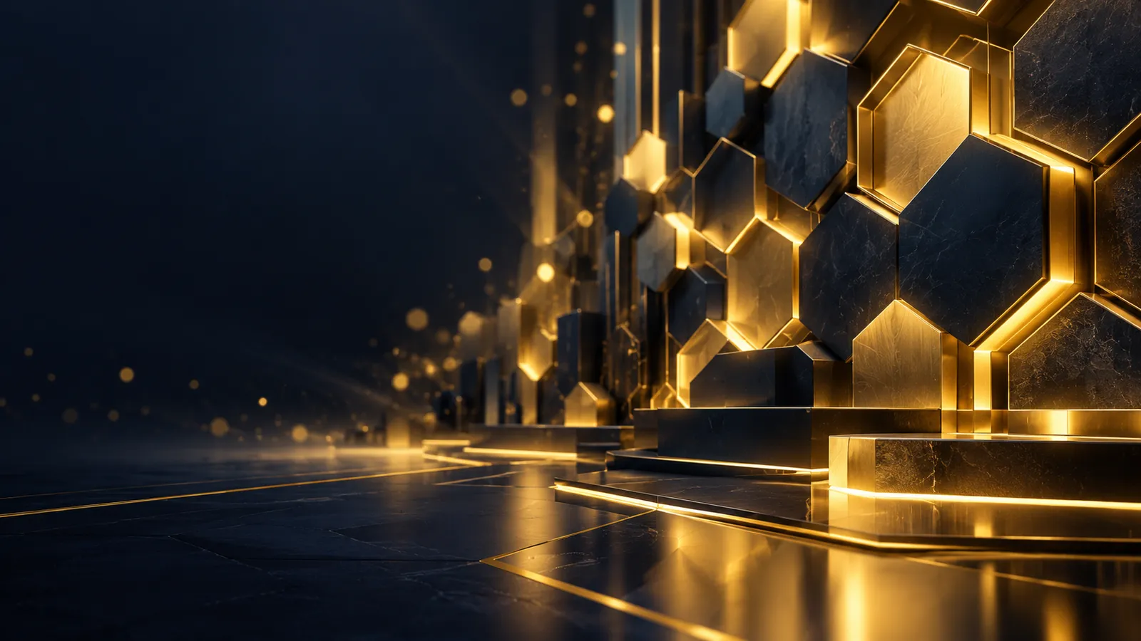 Dark navy casino hero banner with glowing gold hexagonal tiles and abstract geometric light streaks on deep charcoal backgrou