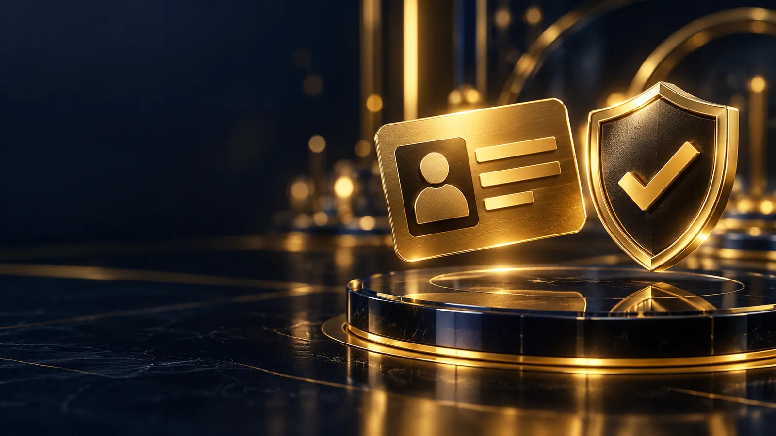 Dark navy cinematic casino hero banner with floating gold identity card and shield icon over dark glass, soft golden bokeh ac