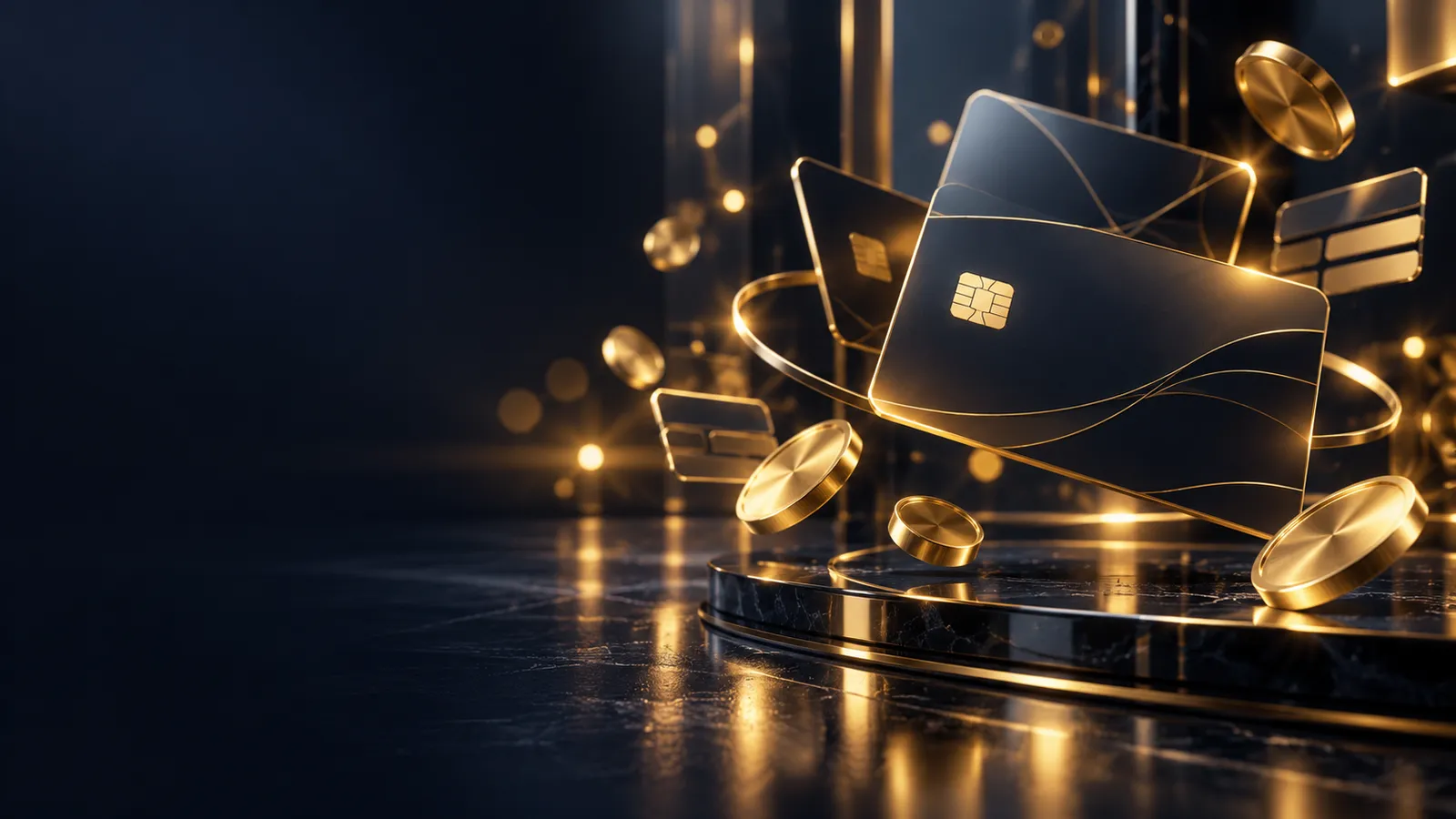 Dark navy casino hero banner with floating gold credit card and coin shapes, abstract payment icons, and warm golden bokeh ac
