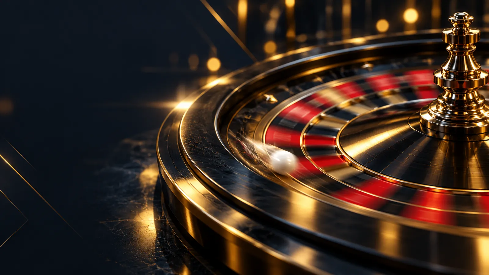 Extreme close-up of a spinning gold and black roulette wheel with ball in motion on dark navy background with golden bokeh