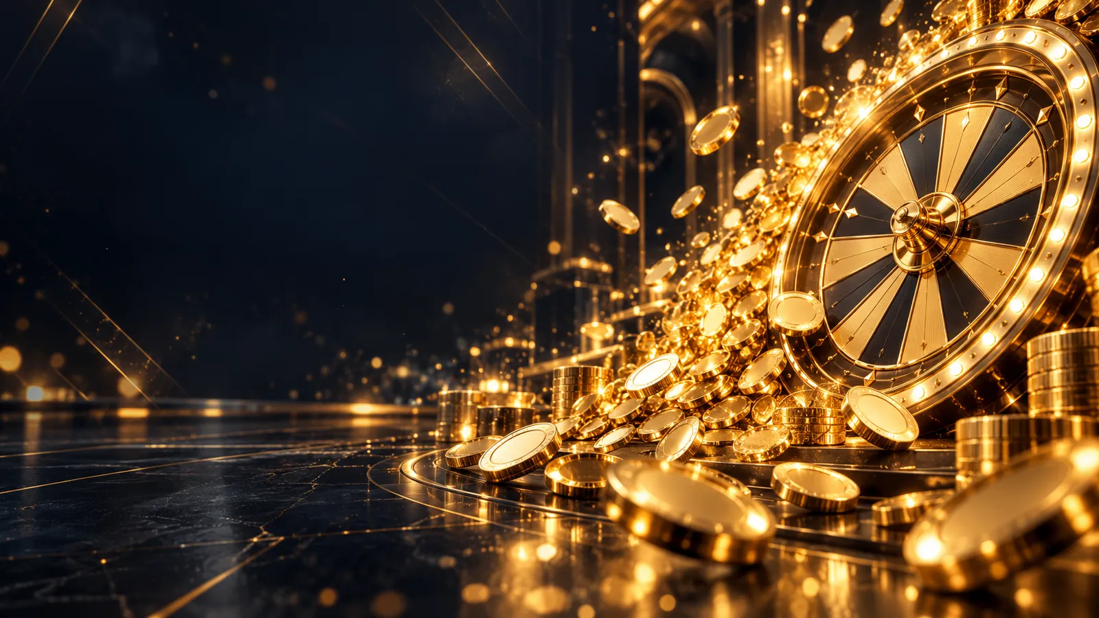 Cinematic dark navy casino hero banner with cascading golden coins and glowing jackpot wheel, warm gold bokeh accents