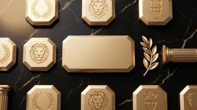 Overhead flat lay of polished faceted gold casino tokens and laurel sprigs arranged symmetrically on dark black marble with p