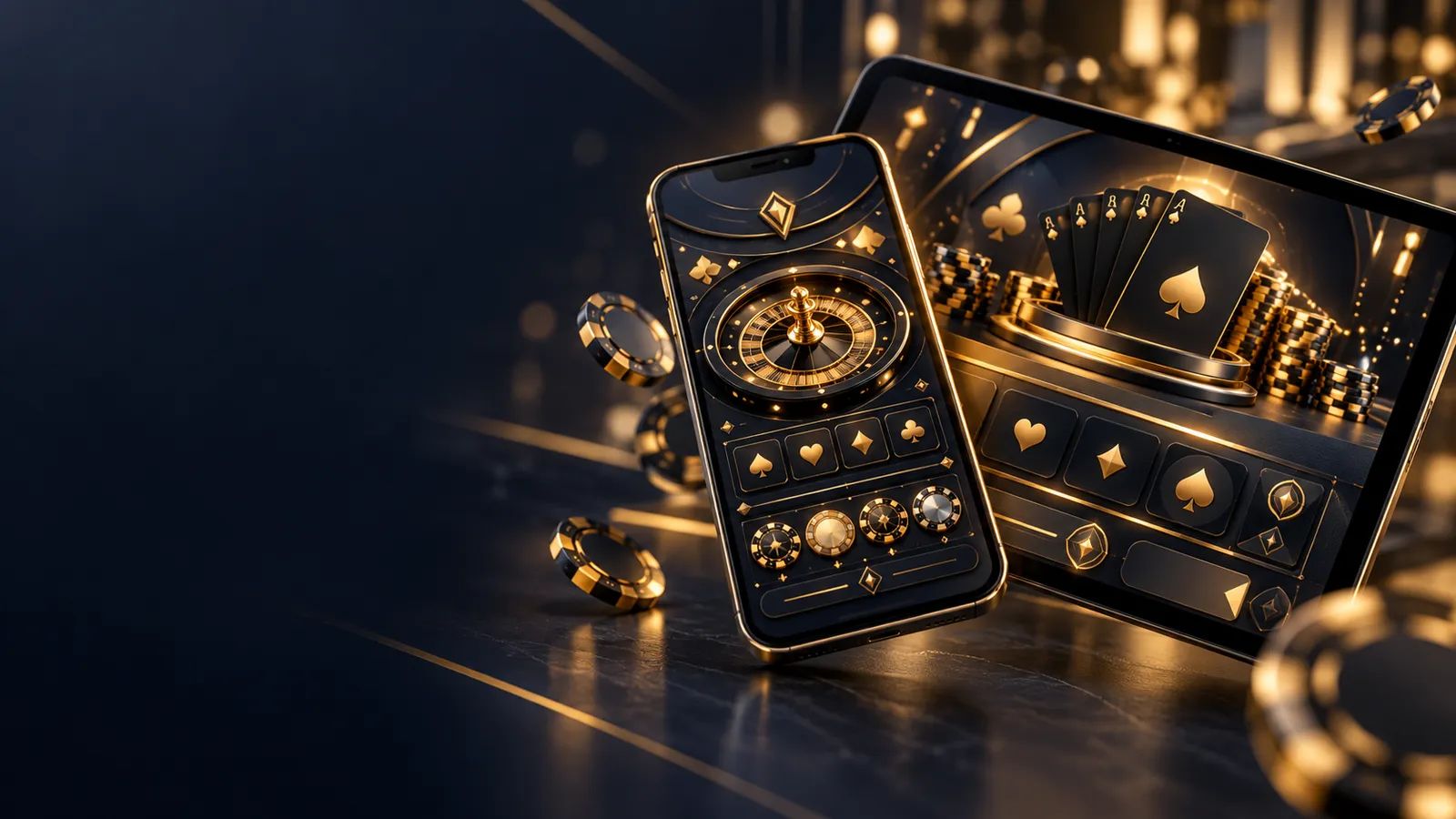 Dark navy cinematic hero banner with floating smartphone and tablet displaying abstract gold casino interface with bokeh acce
