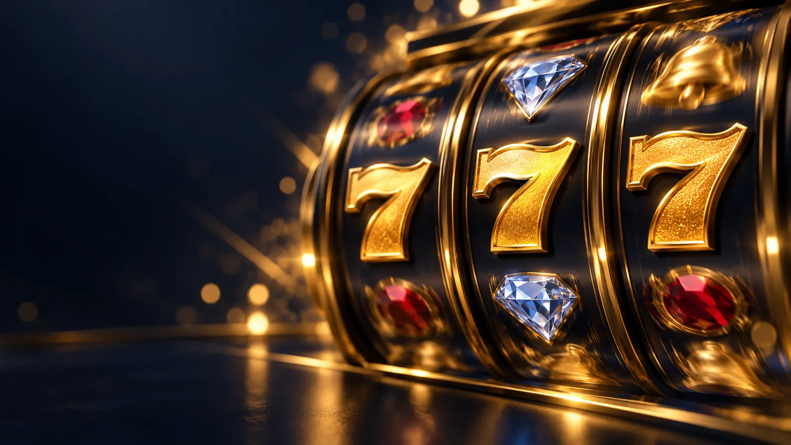 Dramatic close-up of three spinning slot reels with gold sevens and gems on a dark navy cinematic background with golden boke