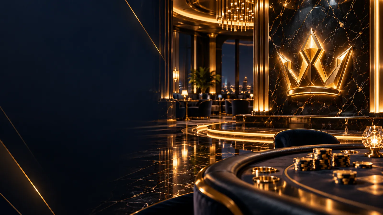 Luxurious dark navy casino lounge with a glowing gold crown emblem on black marble wall, soft golden bokeh and premium light 