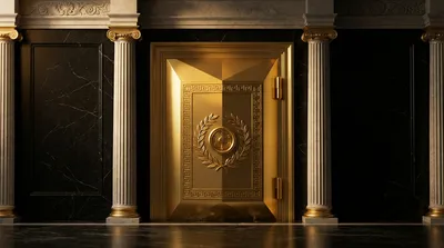 Overhead flat-lay of polished faceted gold tokens and laurel sprig arranged symmetrically on dark veined marble, classical Gr