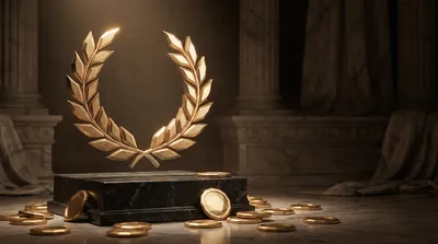Faceted gold laurel wreath floating above a polished black marble plinth with gold coins scattered at its base, warm champagn