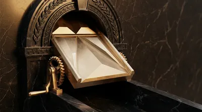 Gold faceted classical mechanism mid-action, three-quarter view, polished chamfered surfaces on dark black marble, warm antiq
