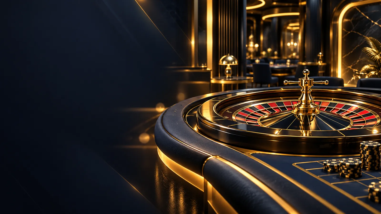 Glamorous dark navy live casino studio with glowing gold roulette table, soft spotlights, and golden bokeh accents