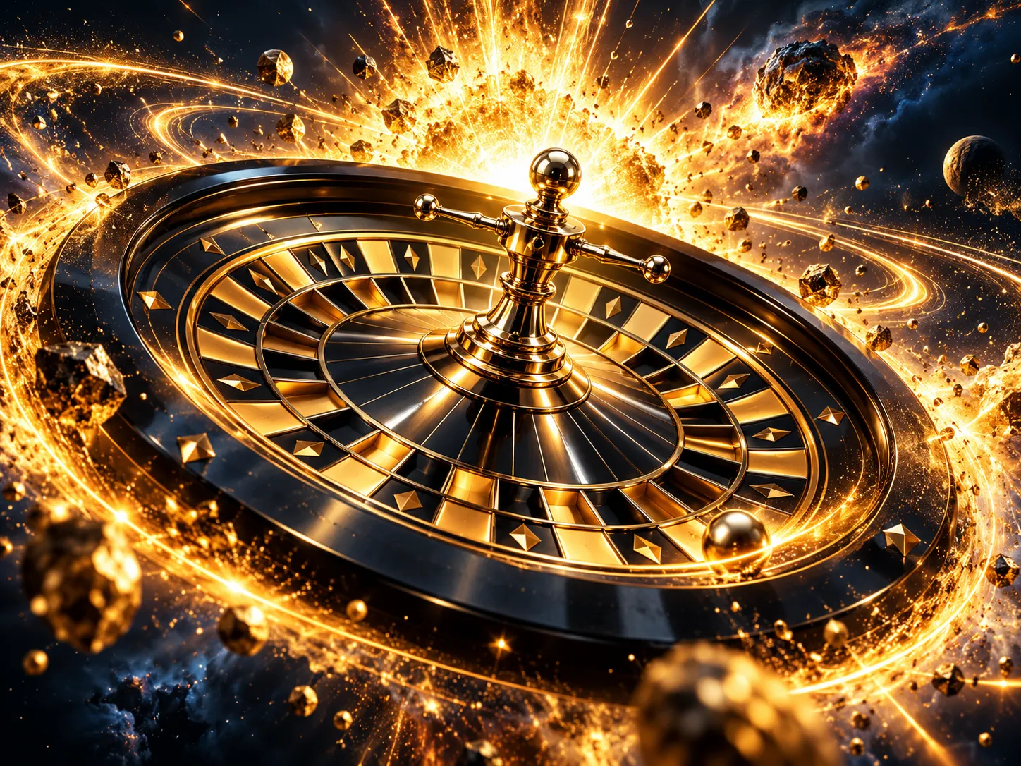 Dramatic 3D roulette wheel engulfed in a cosmic gold light explosion against a dark navy-charcoal background