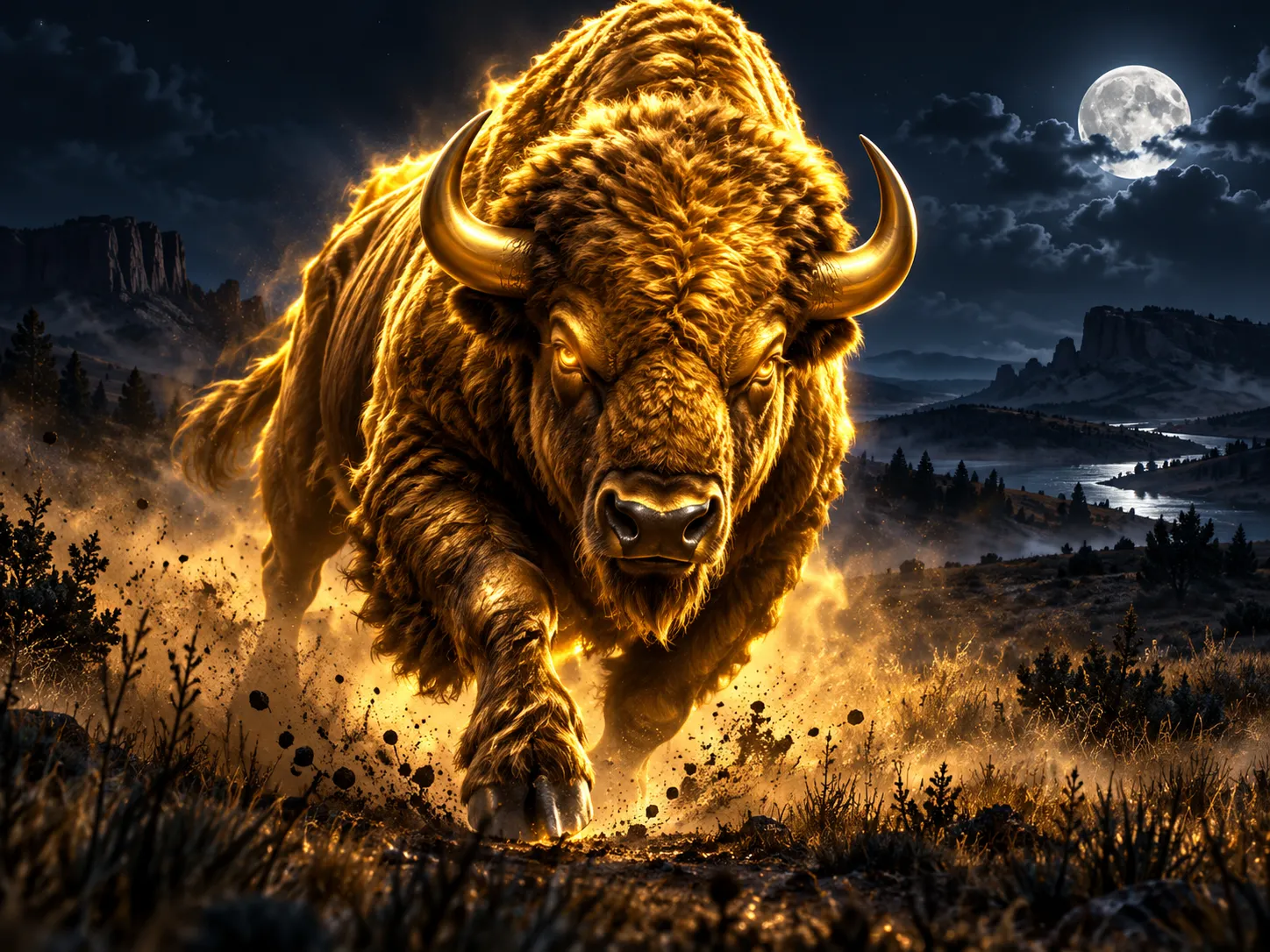 Glossy 3D golden bison charging across a dark navy prairie at night with dramatic cinematic lighting and warm gold accents