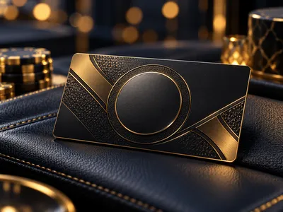 Premium black and gold membership card resting on dark leather surface with cinematic lighting and golden bokeh accents