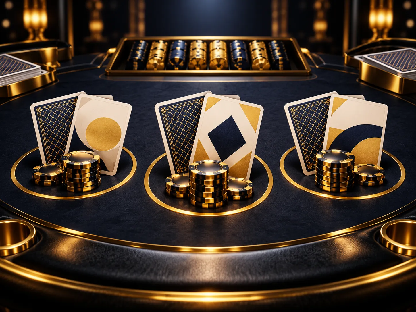Three fanned blackjack card hands spread across dark navy felt with warm gold trim accents under dramatic cinematic lighting