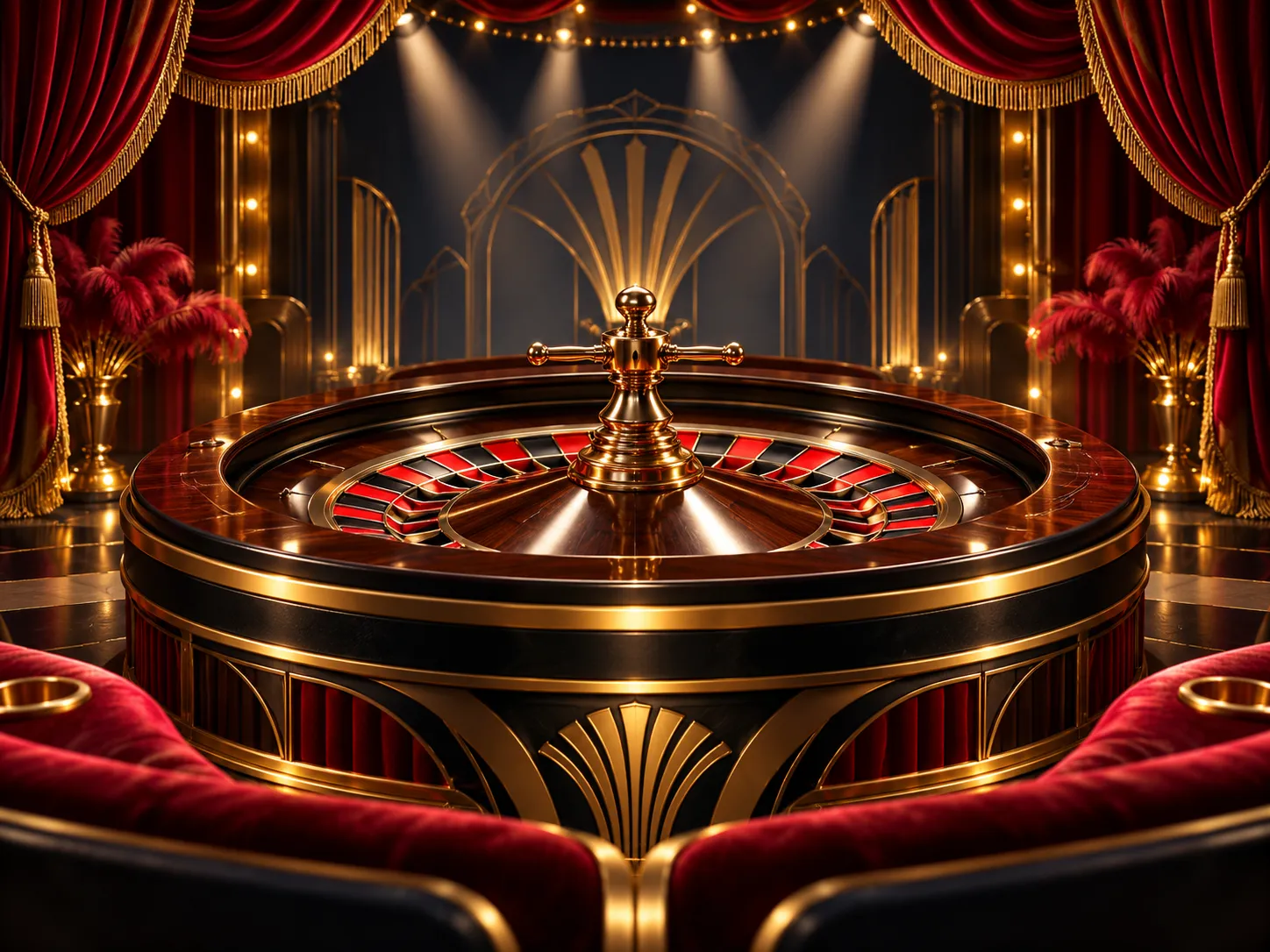 Glossy 3D roulette wheel on a theatre stage with sweeping red velvet curtains, gold trim, dramatic cinematic lighting on dark
