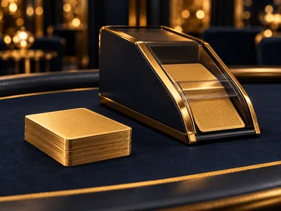 Photorealistic 3D render of a casino dealer shoe and gold-backed playing card stack on a dark navy table with cinematic light