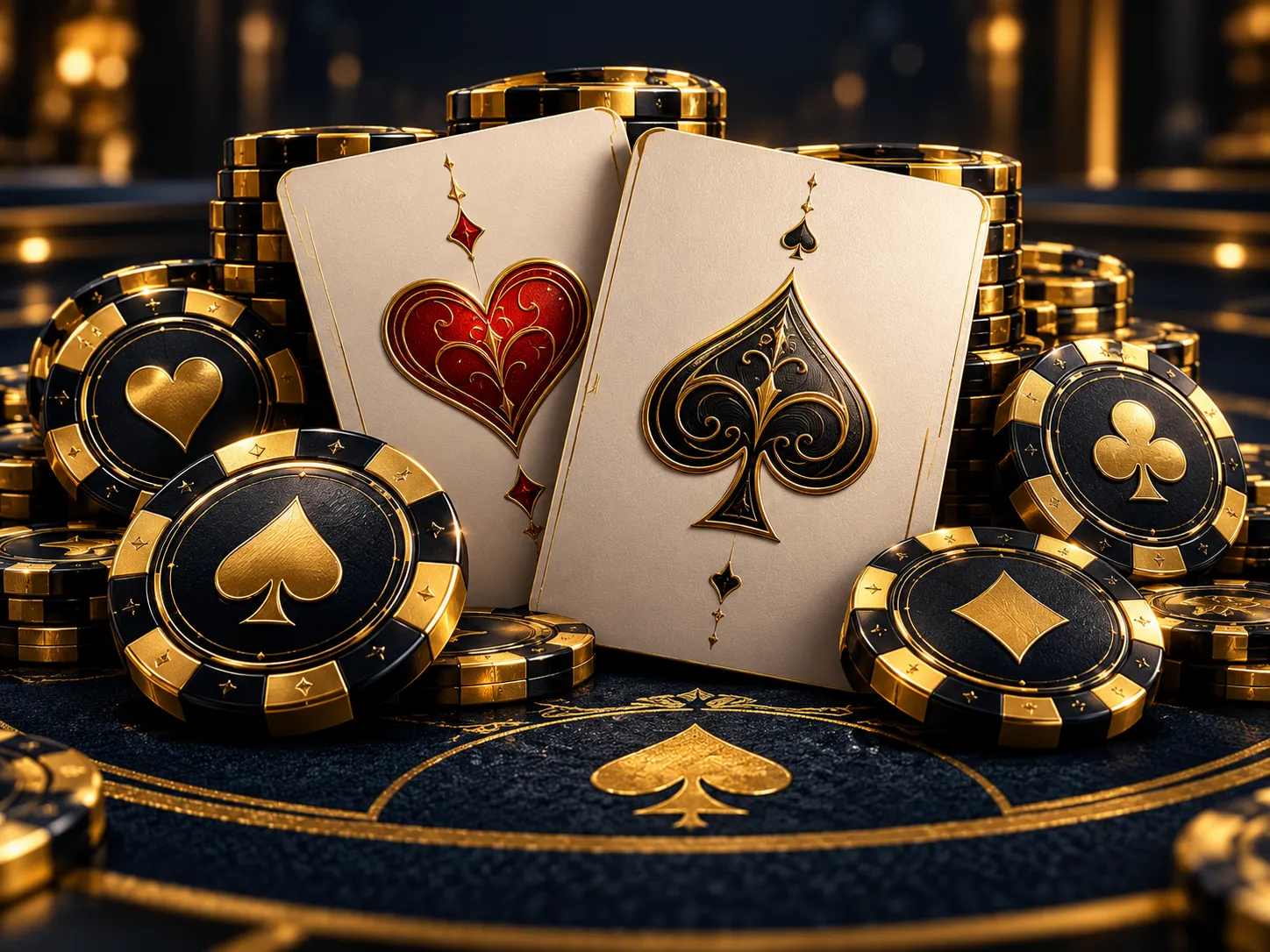 Glossy 3D stacked poker chips beside two hole cards on dark navy felt with dramatic warm gold cinematic lighting