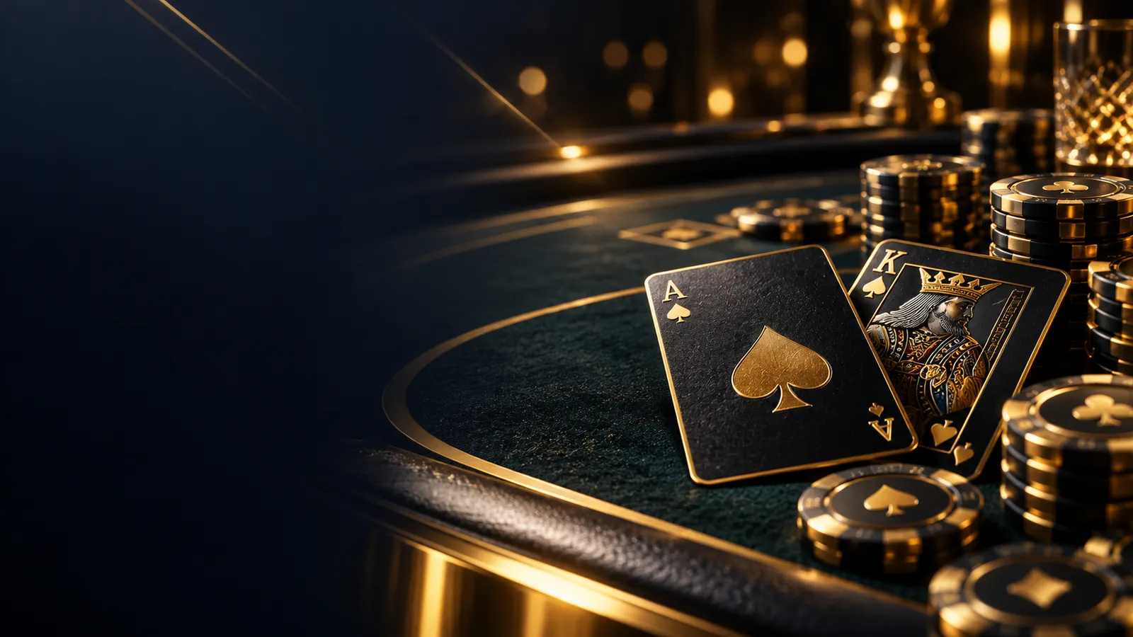 Cinematic blackjack ace and king on dark felt with gold chips, dramatic lighting, dark navy-charcoal background with warm gol