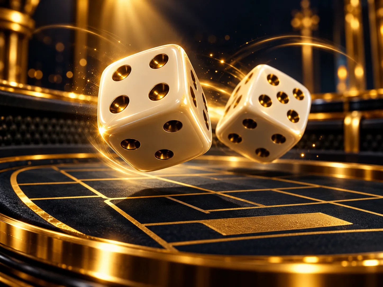 Two glossy white dice tumbling mid-air over a dark navy craps table felt with dramatic cinematic gold accent lighting