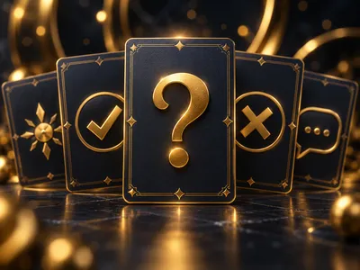 Premium 3D render of dark navy cards with gold question and answer icons on charcoal background with cinematic golden bokeh l