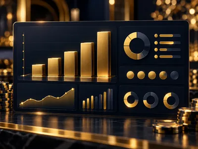 Dark navy dashboard with rising gold bars and abstract rating breakdown, warm gold accents, cinematic bokeh lighting