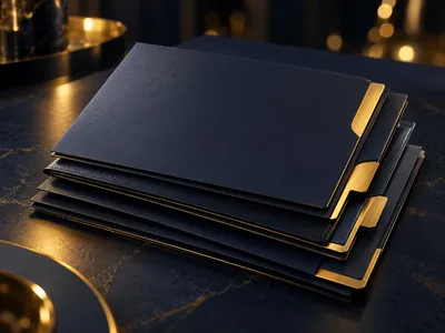 Stack of dark navy documents with gold tabs on deep charcoal background with warm golden bokeh accents