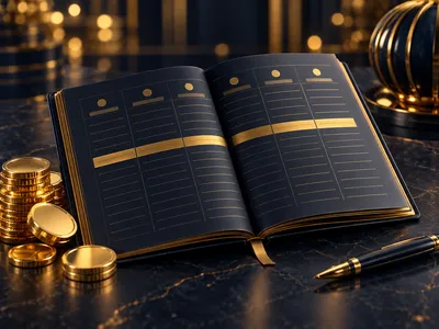 Dark navy ledger with gold highlighted line and coins in cinematic 3D render with warm bokeh lighting