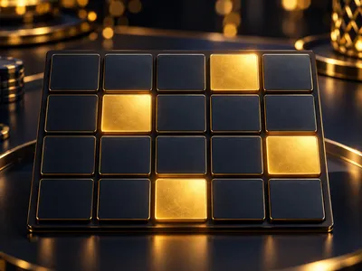 Premium 3D casino-style dark navy calendar grid with glowing warm gold accent tiles, cinematic bokeh lighting, abstract sched