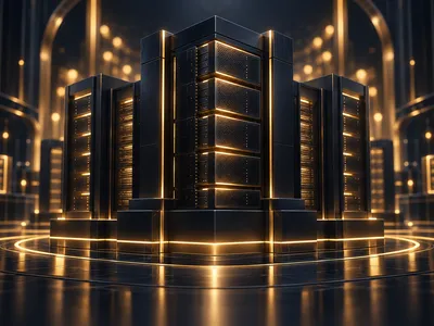 Dark navy server shapes with glowing gold light lines depicting abstract secure digital storage in cinematic lighting