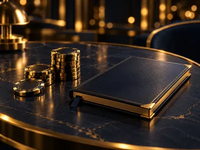 Dark navy table with gold casino chips and open notebook in cinematic lighting with warm golden bokeh accents