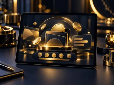 Dark tablet displaying abstract gold bonus wallet UI on navy desk, cinematic lighting, deep navy-charcoal tones with warm gol