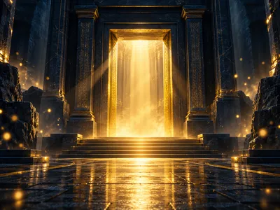 Dark stone temple doorway with warm golden light pouring out, cinematic bonus round illustration on deep navy background