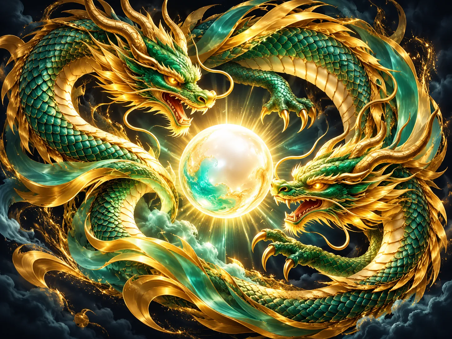 Two jade-and-gold dragons coiling around a glowing luminous pearl on a dark navy-charcoal background with dramatic cinematic 