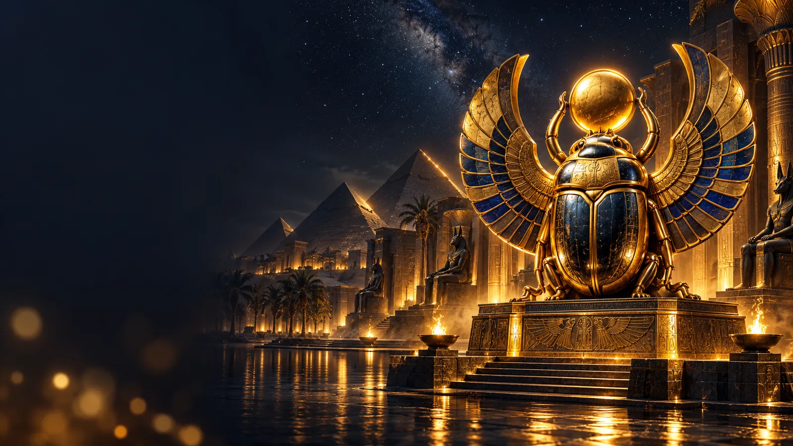 Cinematic dark navy casino hero banner with golden scarab, ancient pyramids and temple pillars under a starry night sky with