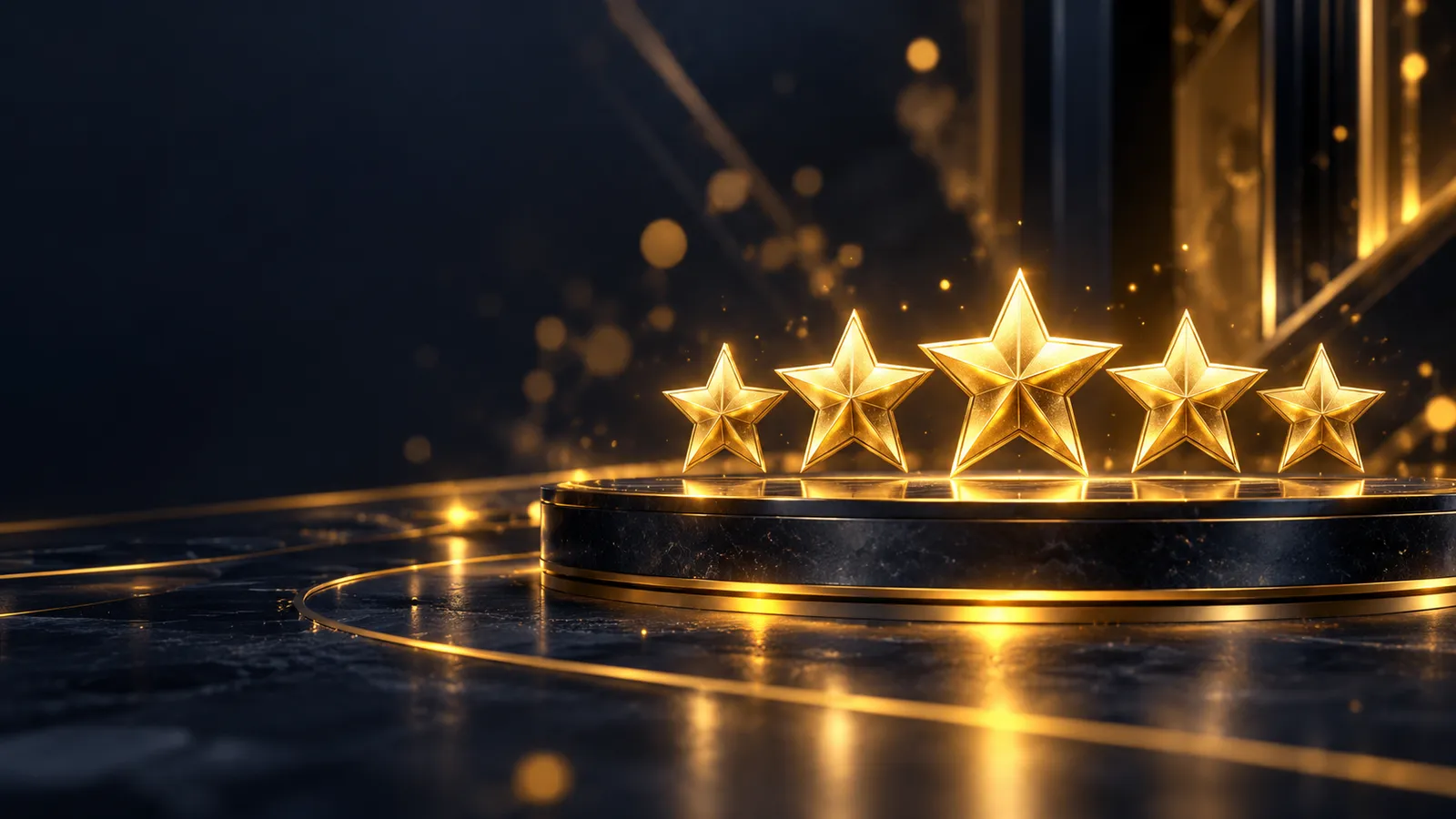 Five glowing gold stars floating above a dark navy surface with soft golden bokeh and geometric light streaks on a deep charc