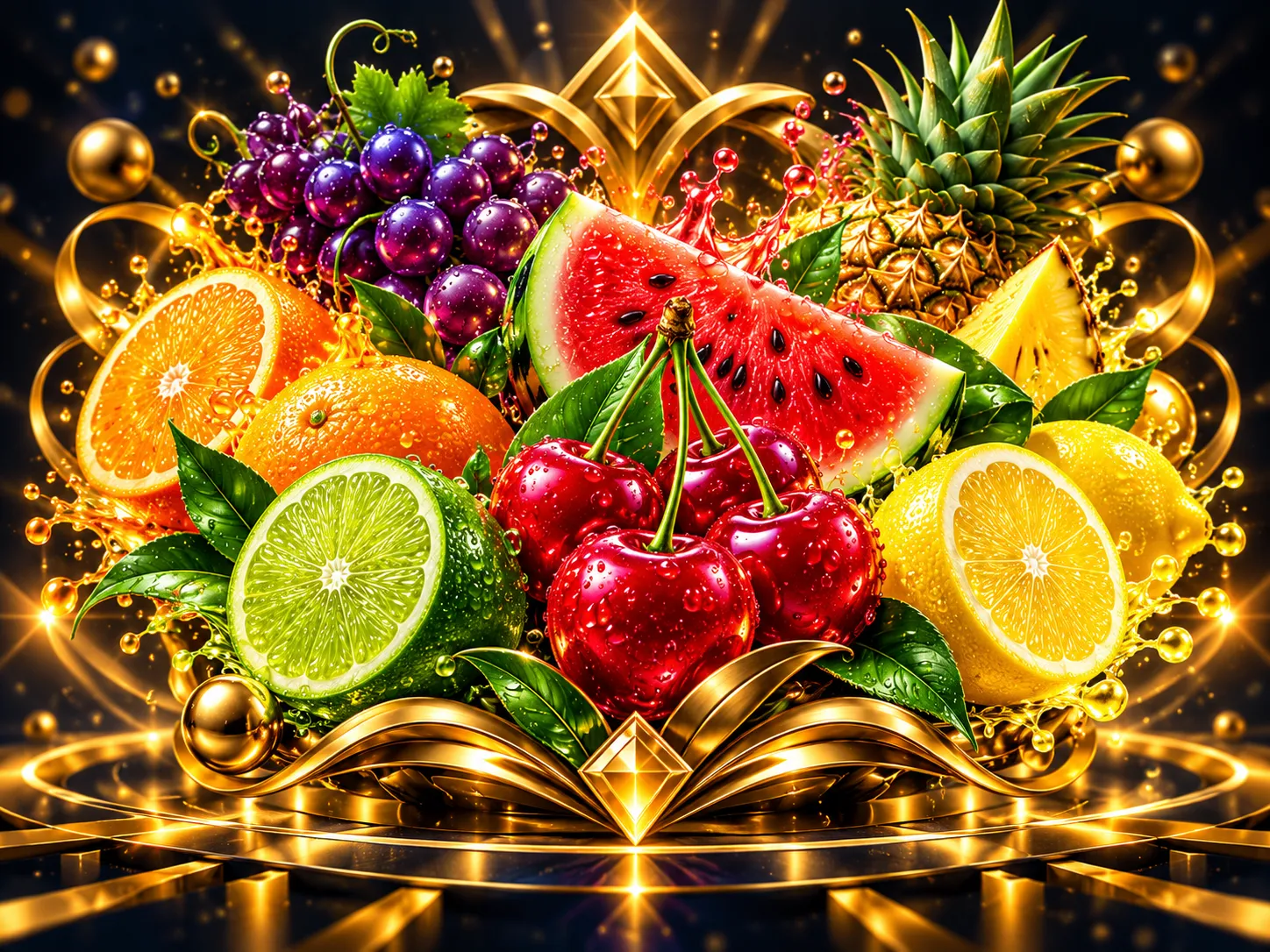 Glossy 3D neon-lit juicy fruits and gleaming gold sevens clustered on a dark navy-charcoal background with dramatic cinematic