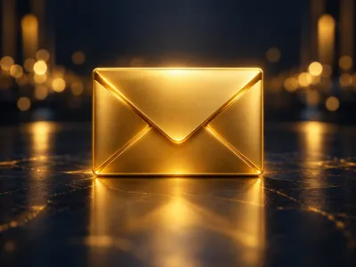 Photorealistic 3D glowing gold envelope icon centred on dark navy-charcoal background with warm golden bokeh and cinematic li