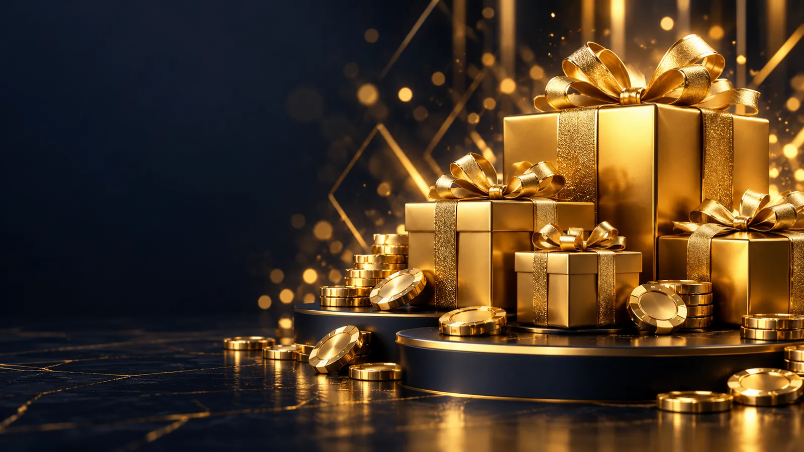 Cinematic hero banner with glowing gold gift boxes and coins stacked on a dark navy stage, warm golden bokeh, premium casino 