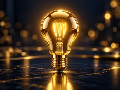 Photorealistic 3D render of a glowing gold lightbulb on a dark navy-charcoal background with warm cinematic bokeh lighting